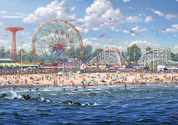 Coney Island, people, carousels, beach, sea, artwork, painting HD wallpaper