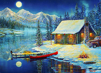 Riverside Cottage, boat, winter, pier, fireplace, artwork, reflection, moon, snow, mountains, water, evening HD wallpaper