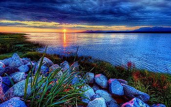 Beach Sunrise, sea, clouds, stone, sky, nature, sunrise HD wallpaper