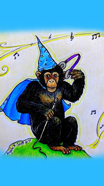 DJ Wizard Monkey, art, chimp, drawings, heads, mic, music notes, ape, funny, love music HD phone wallpaper