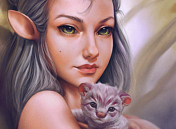Elf girl with kitten, kitten, art, george redreev, girl, cat, elf, pisica, fantasy, fawn, face, luminos HD wallpaper