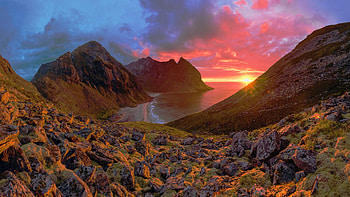 Sunset at the coast of Norway, rain, sun, sea, clouds, sky, rocks, stones HD wallpaper