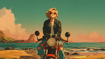 Coastal Anime Girl Rider At Golden Hour, bike, anime-girl, trees, sky, clouds, smoke, artist, artwork, art, digital-art, ai HD wallpaper