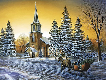 homeward bound, winter, horse, goldensky, christmas, trees, road, church, sled HD wallpaper