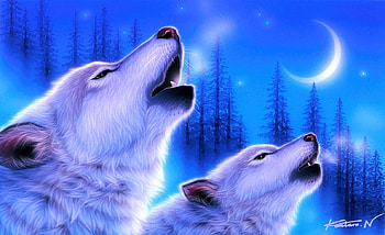 Melody of the Wild, artwork, howling, wolves, painting, firs HD wallpaper