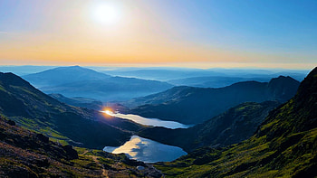 Sunrise view from Mt. Snowdon summit, North Wales, sky, hills, lakes, landscape, uk, sun HD wallpaper