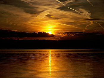Lake Sunset, reflection, clouds, trees, nature, lake, sunset HD wallpaper
