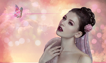 Beauty finds Beauty, butterfly, face, Woman, softnesspbrunette, beautiful, femininity, ethereal HD wallpaper