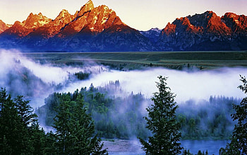Grand Teton National Park at Dawn, Wyoming, land, daylight, day, fog, evergreens, canyon, trees, white, orange, wyoming, mountain, dawn, green, valley, nature, sky, forest HD wallpaper