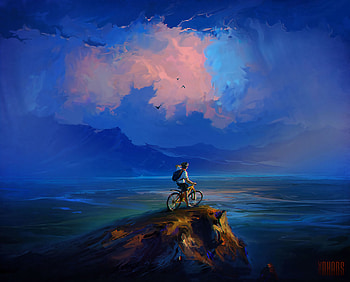 Art, Sea, Clouds, Rock, Precipice, Break, Cyclist HD wallpaper