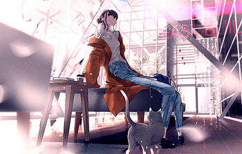 Art, anime girl, relaxed, kitten HD wallpaper