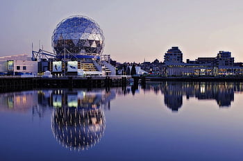 Stunning sunset reflection of Science World geodesic dome at Vancouver's False Creek. HD wallpaper