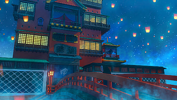 Building, Spirited Away, Anime, Night HD wallpaper