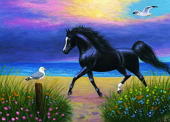 Along the Beach, artwork, horse, seagull, painting, path, clouds, sunset HD wallpaper