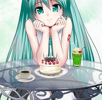 Hatsune Miku, cute, vocaloid, long hair, cake, miku, snack, vocaloids, coffee, female, sexy, table, hot, girl, food, anime girl, candle, anime, green hair, green eyes, drink HD wallpaper