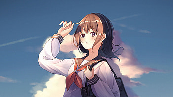 Anime Girl With School Uniform Is Standing In Clouds Blue Sky Background Anime Girl HD wallpaper