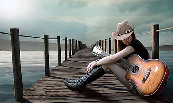 Cowgirl on the Pier, lady, brunette, guitar, pier, Cowgirl, boots, hat, ocean, Lovely HD wallpaper
