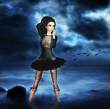 Lady in Black, lady, birds, abstract, fantasy, sky HD wallpaper