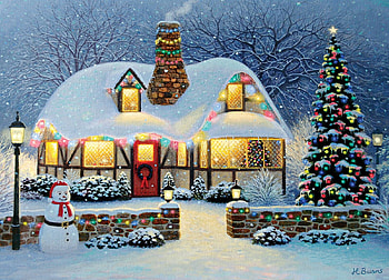 Candlelight Christmas, trees, winter, cottage, snow, painting HD wallpaper