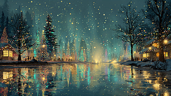 Christmas Landscape: Enchanted Winter Night, Christmas Tree, Village, Lake, Snow HD wallpaper
