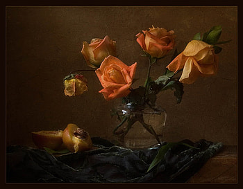 still life, green shawl, vase, orange roses, glass, beautiful, fruits, apricote HD wallpaper