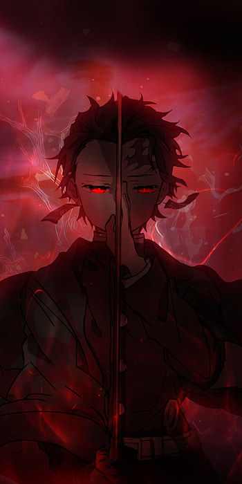 Demon Slayer, red, sword, art, kamado, tanjiro, kimetsu no yaiba, anime HD phone wallpaper