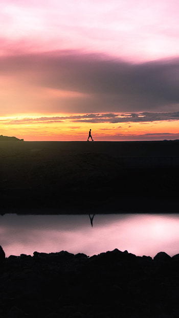 Nature, Sunset, Horizon, Reflection, Silhouette, Human, Person HD phone wallpaper