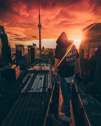 Sunset, City, View From Above, Miscellanea, Miscellaneous, Overview, Review, Human, Person, Roof HD phone wallpaper