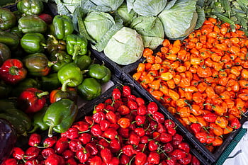 A vibrant display of fresh vegetables including peppers and cabbage at an outdoor market. HD wallpaper