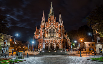 Church in Krakow, Poland, night, Krakow, Poland, church, lights HD wallpaper