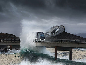 Sea, Nature, Road, Spray, Bridge, Storm, Truck, Lorry HD wallpaper
