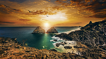 Fernando de Noronha, Twin Brothers, Pernambuco, Brazil, sea, coast, clouds, colors, sky, sun, rocks, sunset HD wallpaper