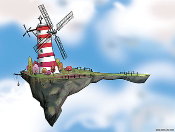 city in the couds, windmill, cg, abtract, air HD wallpaper