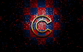 Chicago Cubs emblem, glitter logo, MLB, red blue checkered background, american baseball team, Major League Baseball, mosaic art, baseball, Chicago Cubs HD wallpaper