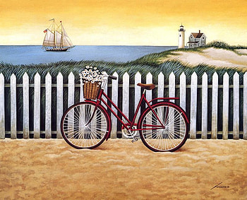 Sea veiw, sea, ship, sand, lighthouse, basket, bicycle, fence, flowers, sky HD wallpaper