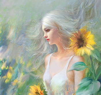 Summer wind, frumusete, gorgeous, girl, user 23385, sunflower, superb, user23385, wind, summer, gigi, fantasy, green, flower, yellow, luminos, vara HD wallpaper