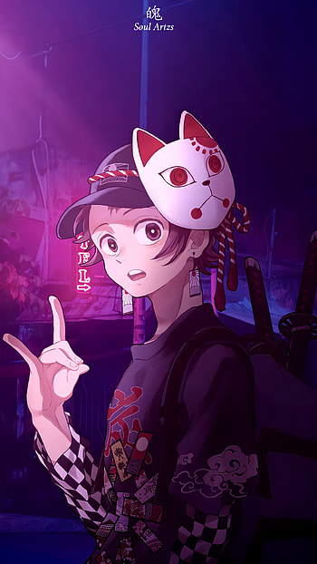 Tanjiro Kamado, magenta, animeboy, kimetsunoyaiba, neon, demonslayer, kny, night, anime, anime HD phone wallpaper