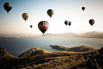 Mountains and sea, Nature vehicle, Aircraft over river, Hot air balloon HD wallpaper