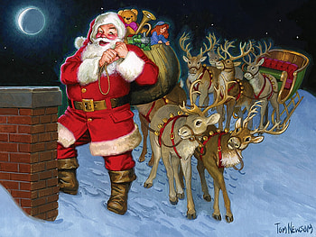 Up on the Rooftop, winter, painting, reindeers, christmas, snow, santa HD wallpaper