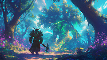 Epic Fantasy Battle in the Enchanted Forest of Giant Magical Trees, fantasy battle, enchanted forest, magical creature HD wallpaper