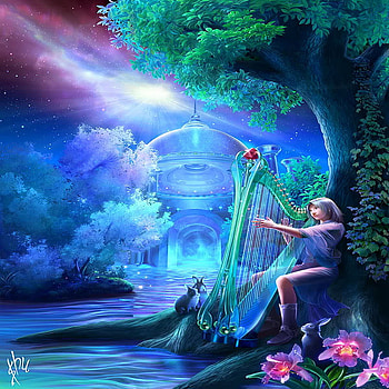 neon fantasy, neon, harph, fantasy, light, shu HD wallpaper