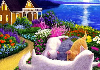 Mom Cat, artwork, kitten, painting, path, house, garden, flowers HD wallpaper