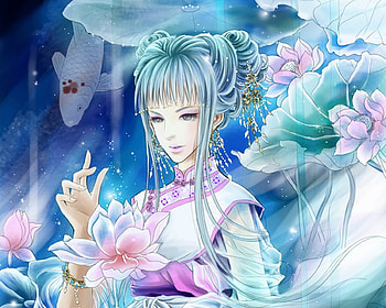 Lotus dream, animal, cute, oriental, koi, beauty, nice, flower, water lily, fish, female, sexy, sweet, magic, hot, chinese, girl, beautiful, anime girl, anime, fantasy, pretty, lovely, lotus HD wallpaper