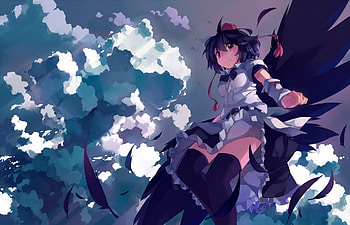 Aya smiling, Cherry blossom tree, Aya, girl, black wings HD wallpaper