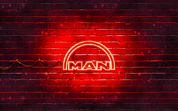 MAN red logo, , red brickwall, MAN logo, brands, MAN neon logo, MAN HD wallpaper
