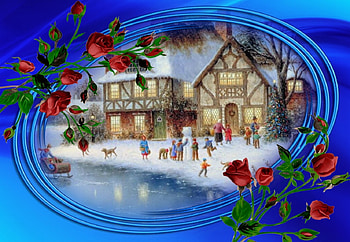 Winter Joy, blue, winter, roses, framed, people, seasons, painting, abstract, cottages, red HD wallpaper