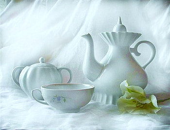White plus, one lily touch of green, curtain, cup, teapot HD wallpaper