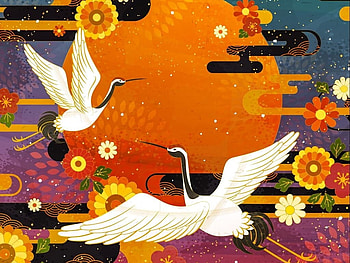 Sunset with cranes, asian, art, cranes, burd, chinese, crane, orange, fantasy, texture, harsh taggar, couple, luminos, sun, pasari, sunset HD wallpaper