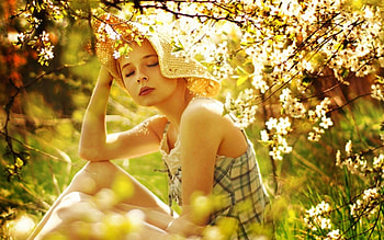 beauty in nature, outdoor, flower, nature, grass, dress, hat, beauty HD wallpaper