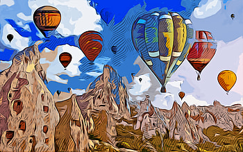 Cappadocia, , vector art, Cappadocia drawing, creative art, Cappadocia art, vector drawing, balloons, Turkey HD wallpaper
